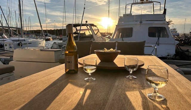 EDEN modern catamaran for 2 to 8 p. at the dock in PORQUEROLLES